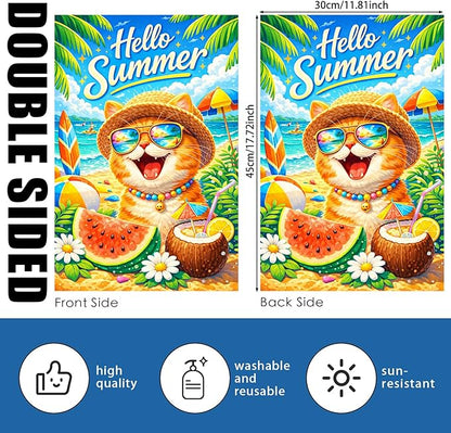 Nuxovilar Hello Summer Garden Flag Polyester 12x18 Inches Garden Flags for Outside Coastal Outdoor Decor Yard Porch Lawn (Beach Cat & Coconut Pattern)