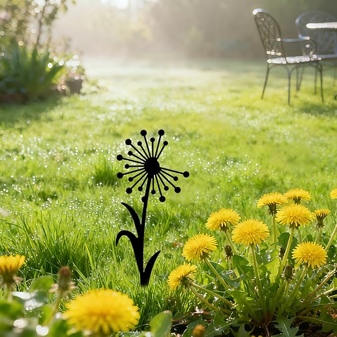 GLOBLELAND 3pcs Dandelion Mental Garden Stakes Black Silhouette Flower Decorative Yard Stakes Spring Trees Metal Outdoor Art Decor for Yard Patio Lawn Walkway Ornament