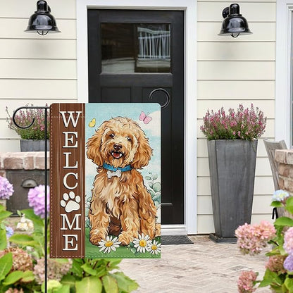 Dyrenson Welcome Goldendoodle Dog Decorative Garden Flag, Paw Print Yard Outside Home Decorations Pet Lover Gift, Spring Summer Burlap Outdoor Small Decor Double Sided 12 x 18