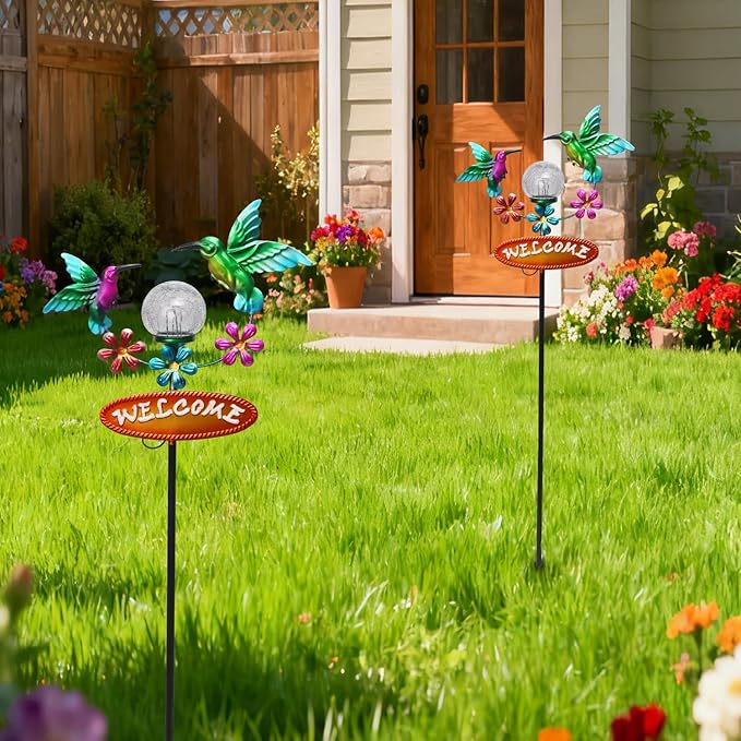 Outdoor Solar Garden Stakes Welcome Sign, 2 Flying Hummingbirds with Cracked Glass Ball,Decorative Garden Stakes for Lawn, Patio, Hummingbird Gifts for Women
