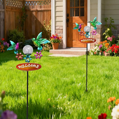 Outdoor Solar Garden Stakes Welcome Sign, 2 Flying Hummingbirds with Cracked Glass Ball,Decorative Garden Stakes for Lawn, Patio, Hummingbird Gifts for Women