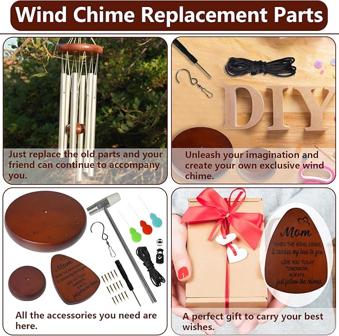 SPNKMJUJ Wind Chime Replacement Parts, 28 PCS Windchime Repair Kit Including Round Top, Clapper, Wind Catcher, 19.6FT Nylon Cord, DIY Wind Chime Supplies, Gift for Mom