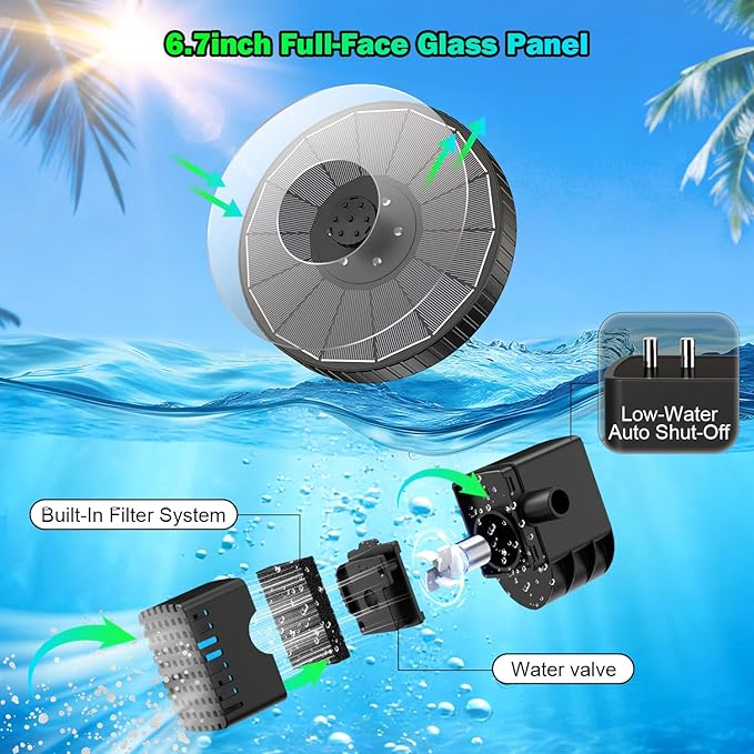 SZMP 3.5W Glass Solar Fountain with Swivel-Out Fixed Rods, Solar Bird Bath Fountains with LED Lights and 2000mAh Battery, 7 Nozzles, Outdoor Solar Water Fountain Pump for Garden, Pool, Pond (Black)