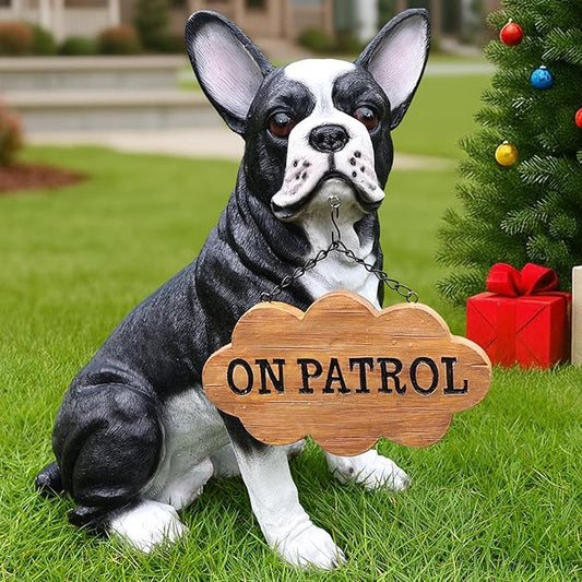 Cheerful Black & White Boston Terrier Dog Sculpture with Solar Lantern & Double-Sided 'On Patrol' and 'Welcome' Signposts – Fun Outdoor Resin Statue for Garden, Yard, and Patio Décor