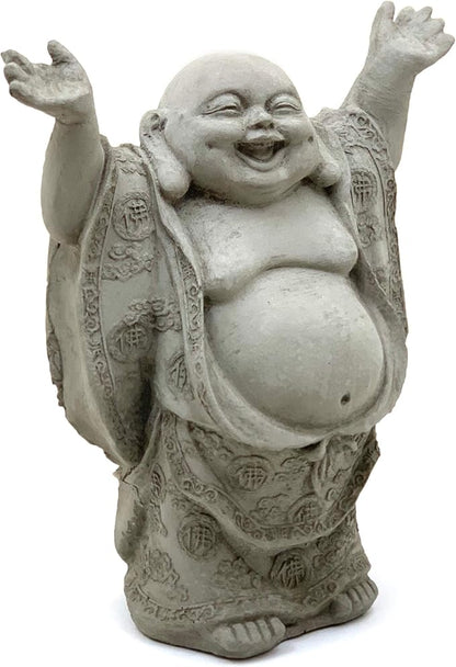 Super Happy Buddha Statue: Solid Durable Stone Statue w/Distressed Texture. Perfect Home Design & Sealed for Outdoor Use. Handcrafted USA. (Antique/Gray)
