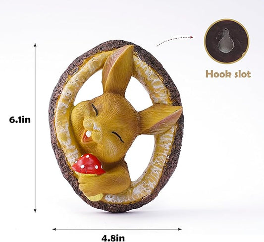 Garden Bunny Sculpture, Decorative Smiling Rabbit Tree Log Statue with Mushroom, Indoor Outdoor Resin Art Decor