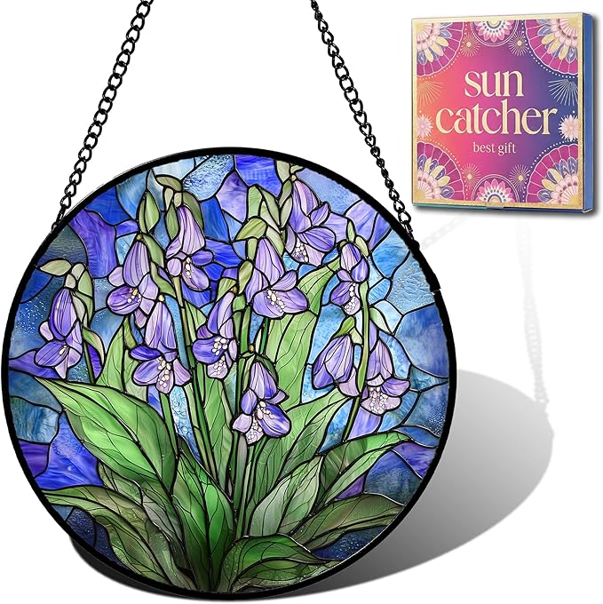 Birthday Gifts for Women - Violet Flowers Faux Stained Glass Window Hanging Sun Catcher for Door Garden Acrylic Decor Mother's Day Christmas for Mom Nana Grandma Sisters Wife 9.8"