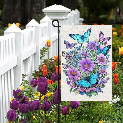 Spring Summer House Flag 28x40 Double Sided, Butterfly Floral Flower Large Garden Flags for Outside Holiday Seasonal Yard Decorations for Home