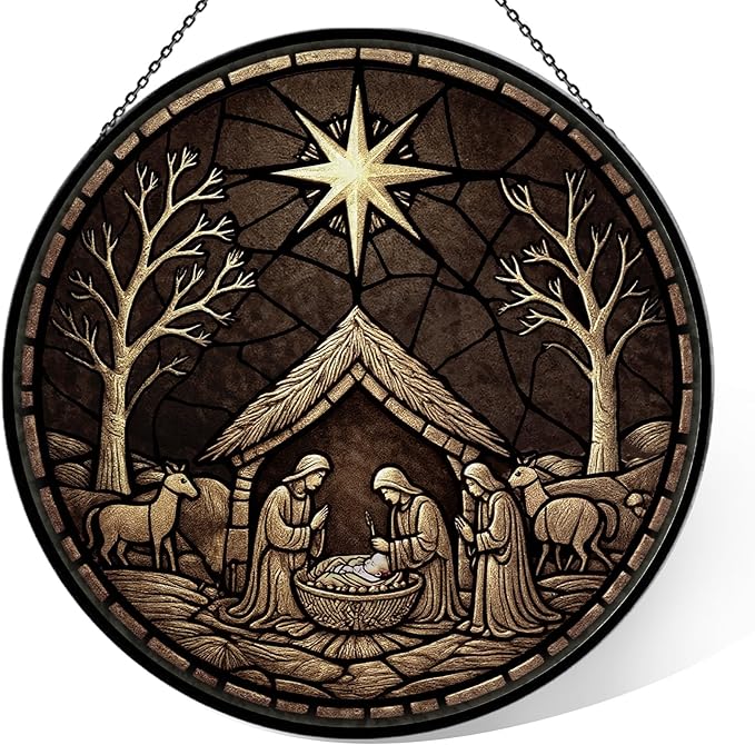 Nativity Scene Suncatcher - 7.9" Hand Painted Stained Glass Christmas Ornament & Window Hanging, Outdoor/Indoor Birth of Jesus Decor, Religious Christian Gift for Women, Men