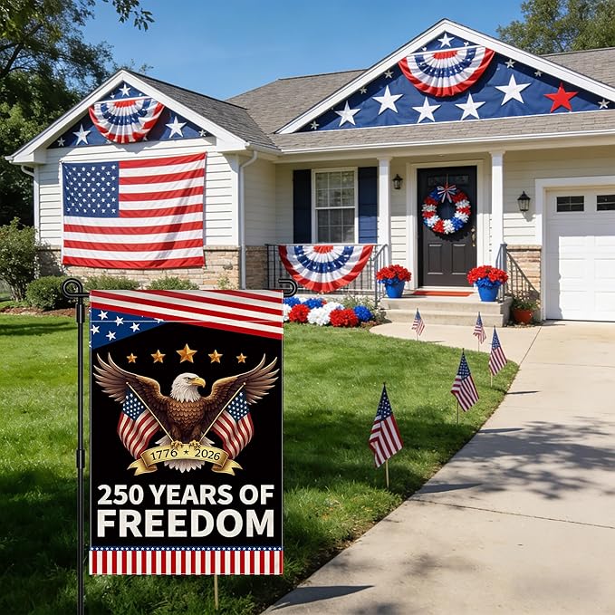 250th Anniversary America Garden Flag, 250 Anniversary USA Flag Patriotic Banner 250 Years of Freedom Yard Sign Eagle Design 4th of July Double-Sided Waterproof 1776-2026 Commemorative Flag 12x18 Inch