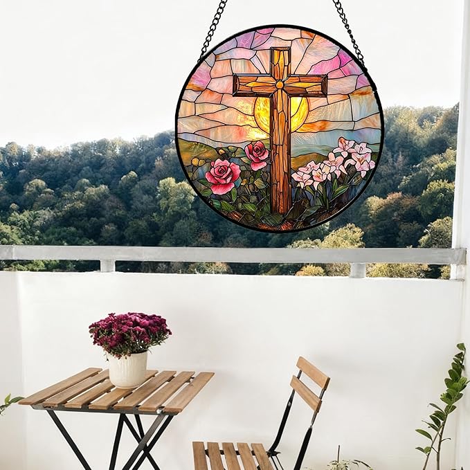 DASTOLL Christian Gifts for Women - Cross Stained Glass Window Hanging Easter Pink Flower Sunset Landscape Sun Catcher Garden Religion Decor Mother's Day Catholic Gift for Men Grandma Nana Her 6.3"