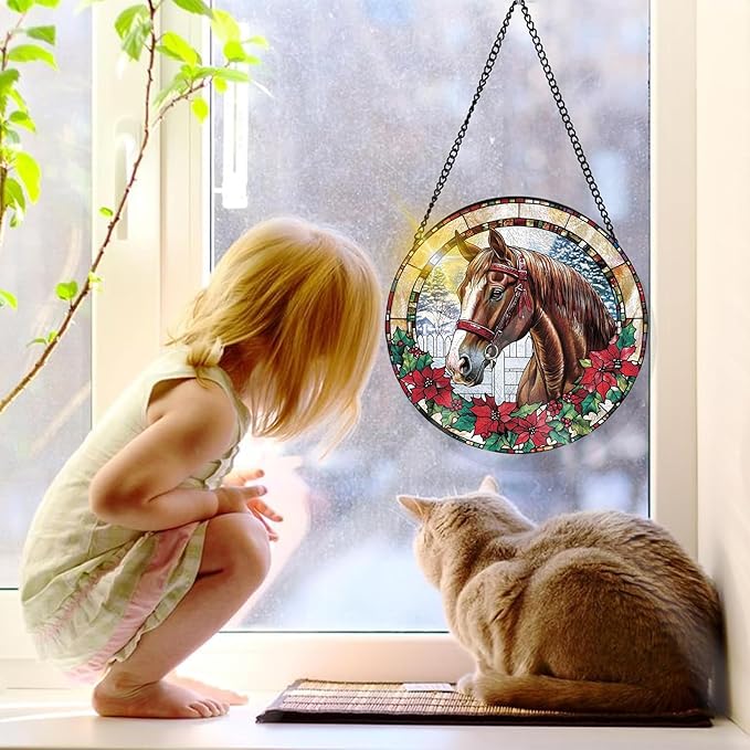Bimkole Horse Stained Glass Suncatcher Window Hanging - Animals Indoor Window or Doorway Decoration - Handmade Sun Catcher Decor for Garden Home Christmas & Birthday Gifts 7.87x7.87 Inch