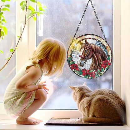 Bimkole Horse Stained Glass Suncatcher Window Hanging - Animals Indoor Window or Doorway Decoration - Handmade Sun Catcher Decor for Garden Home Christmas & Birthday Gifts 7.87x7.87 Inch