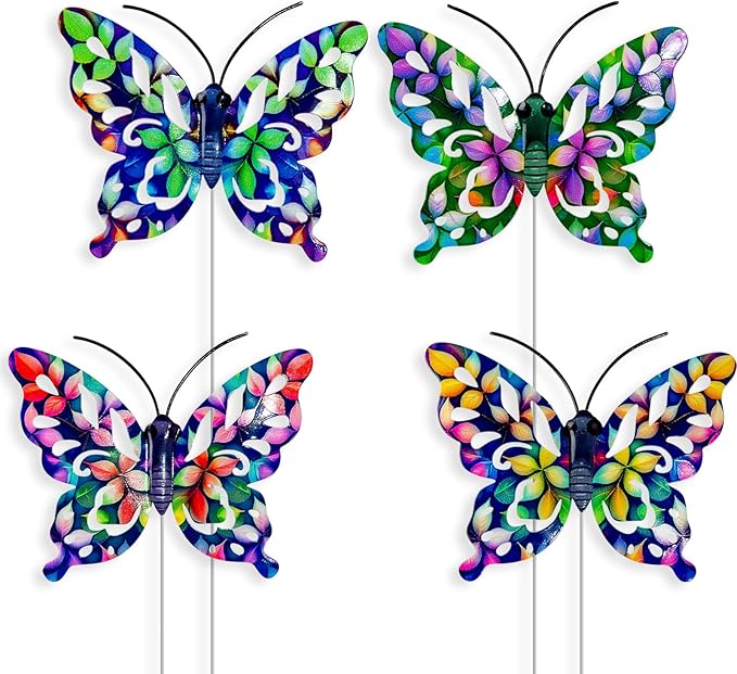 4Pcs Butterfly Garden Stakes Decor, Colorful Butterflies Decorations, Metal Yard Art for Outdoor Lawn Porch Pathway Yard Patio Plant Pot Ornaments (Butterfly- D)
