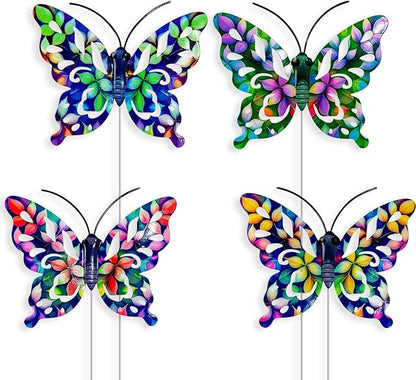 4Pcs Butterfly Garden Stakes Decor, Colorful Butterflies Decorations, Metal Yard Art for Outdoor Lawn Porch Pathway Yard Patio Plant Pot Ornaments (Butterfly- D)