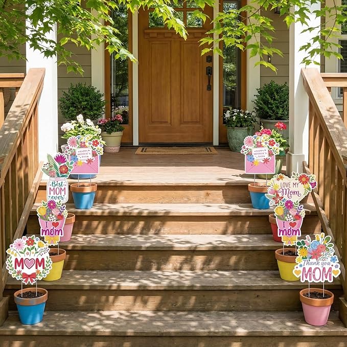 Rngmsi Mothers Day Plant Stakes Flower Pots Signs, 6PCS Happy Mother's Day Metal Garden Stakes Decorative Outdoor, Thank You Mom Yard Decor for Home Lawn Party Supplies