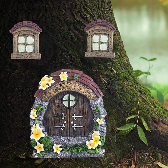 vomiceak Fairy Gnome Home for Tree Decor，Glow in Dark Fairy House Have Window and Door for Garden Decoration，Fairies Sleeping Door and Windows, Yard Art Garden Sculpture, Lawn Ornament