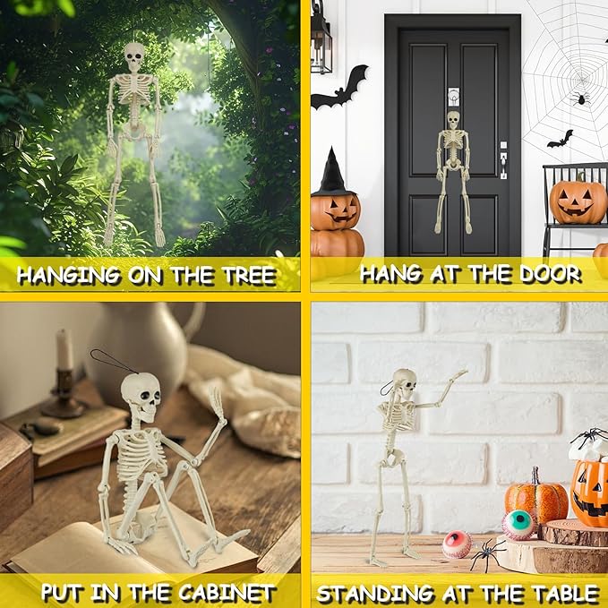 12 Packs Skeleton Halloween Decorations Outdoor with 16" Full Body Posable Joints Skeletons Decor, Halloween Party Decor Indoor, Yard Garden Lawn Graveyard Haunted House Props Spooky Party Decorations