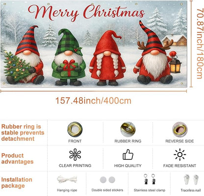 IVN Christmas Garage Door Cover Decoration 13x6ft Gnomes Snow Scene White Background Gift Tree Merry Christmas Garage Door Banner Home Door Front Yard Decor for Xmas Eve Holiday Outdoor