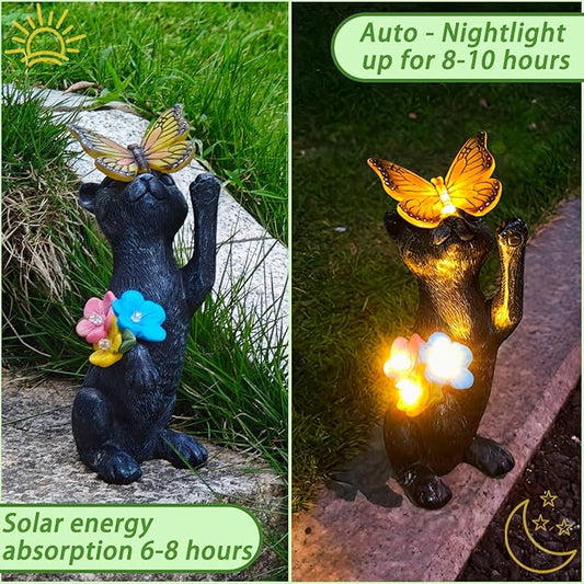 Solar Cat Garden Statue Outdoor Decor - Resin Cat Butterfly Statues for Outside Waterproof, Animal Figurines for Patio Balcony Yard Art Lawn Ornaments, Unique Birthday Gifts for Mom /Women/Grandma