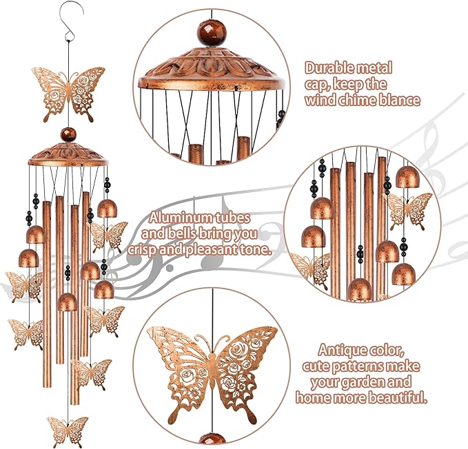 Butterfly Wind Chimes for Outside, Butterfly Gifts for Women Metal Windchimes Outdoors, Floral Wing Design Home Garden Patio Yard Decor