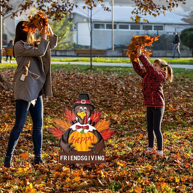 Friendsgiving Metal Turkey Yard Signs Rustic Thanksgiving Decorations with Stakes for Outdoor Indoor Fall Harvest Welcome Sign for Porch, Lawn, and Wall Decor