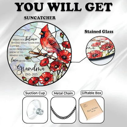 Personalized Grandma Memorial Stained Glass Suncatcher, Custom Red Cardinal Window Hanging Suncatcher for Loss of Loved One, Sympathy & Remembrance Gift, Floral Sun Catcher for Window