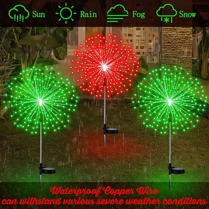 Tujoe 6 Pcs Christmas in July Solar Firework Stake Lights 180 LED 8 Modes Solar Waterproof LED Sparkler Lights Outdoor Decoration for Garden Patio Yard Pathway Walkway Lawn (Red, Green)