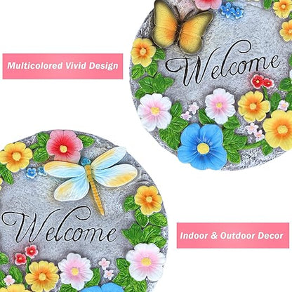 2 Pack Garden Stepping Stones Outdoor 10 Inch Round Cement Stepping Stones with Hand-Painted Flowers, Butterfly & Dragonfly, Decorative Pavers for Outside Walkway Patio Yard