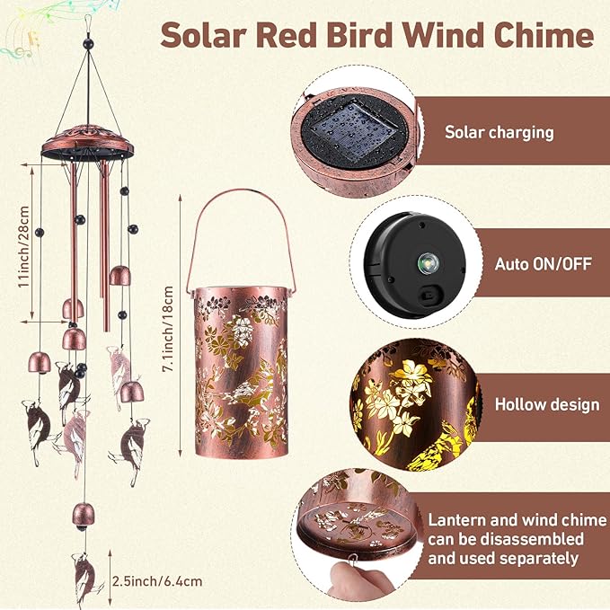 Retisee Cardinal Solar Wind Chimes Outdoor Metal Red Bird Gifts Solar Light Windchimes Outside Indoors Christmas Decoration Birthday Gift for Home Lawn Porch Patio Garden Yard