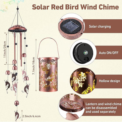 Retisee Cardinal Solar Wind Chimes Outdoor Metal Red Bird Gifts Solar Light Windchimes Outside Indoors Christmas Decoration Birthday Gift for Home Lawn Porch Patio Garden Yard