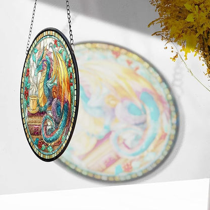 7.8" Dragon Suncatcher Stained Glass Window Hanging Fantasy Book Sun Catchers Celestial Reading Ornament Wall Art Home Room Library Decor Birthday for Readers Women Men
