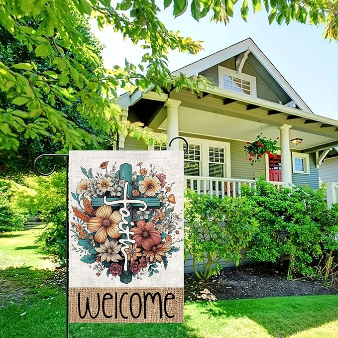 Welcome Cross Flowers Garden Flags 12x18 Vertical Double Sided, Easter Spring Summer Yard Flag for Outside Religious Decor, He Is Risen Holiday Outdoor Seasonal Decorations for Home