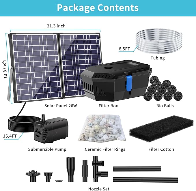NFESOLAR Solar Pond Filter Fountain, 30W Solar Pond Pump with Pond Filter, 16.4 Ft Cord, 6.6 Ft Tubing for Outdoor Pond 200-600 Gallons, Garden Waterscape N3223