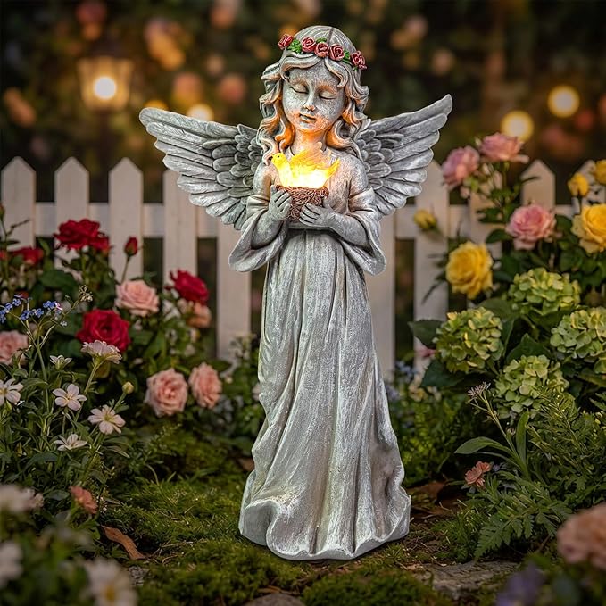 Angel Garden Statue Outdoor Decor, Angel Garden Figurine Hold Dove with Solar Lights Waterproof Resin Yard Art Decoration Lawn Ornament Sculpture for Outside Patio Yard Gift