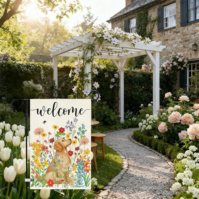 Baccessor Spring Summer Dog Garden Flag 12.5x18 Inch Double Sided Burlap,Floral Flowers Flag Farmhouse Holiday Front Yard Lawn Outdoor Outside Decoration