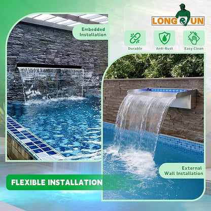 LONGRUN Stainless Steel Waterfall Spillway, APP Control Multi-Color LED Light Outdoor Pool Fountain, Water Spillway Koi Pond Waterfalls Fountains Kit for Garden Patio Swimming Pool Decoration-35.4"