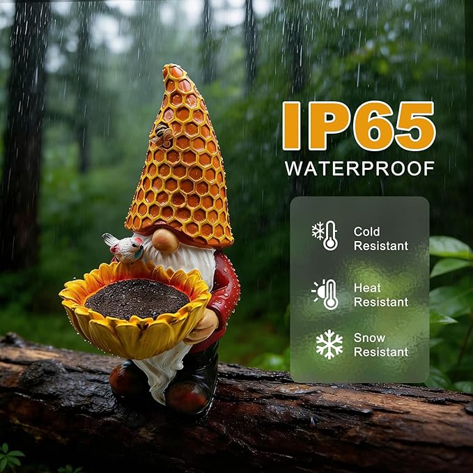 Solar Gnome Garden Statue with Honeycomb Hat & Sunflower Bird Feeder - Outdoor Decor with LED Lights for Patio, Lawn, Yard, Porch, Backyard,Best Garden Gifts for Mothers Day, Housewarming, Festival