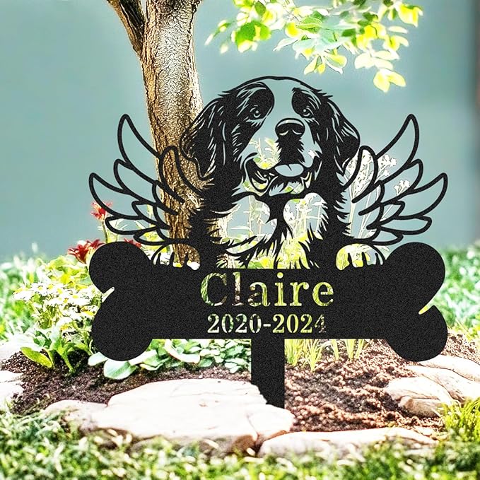 Personalized Pet Grave Marker St Bernard Burial Stake with Name & Date, Custom Outdoor Waterproof Metal Dog Grave Marker with Wings, Memorial Tombstone Garden Stake Yard Sign for Dogs