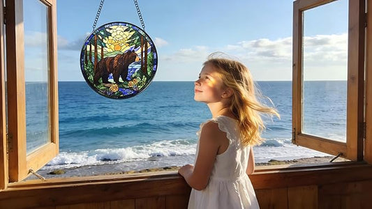 Stained Glass Window Hanging - A Black Bear is Walking in The Forest 6.3 Inches Suncatcher for Garden Home Decor for Women Mon Grandma Friends