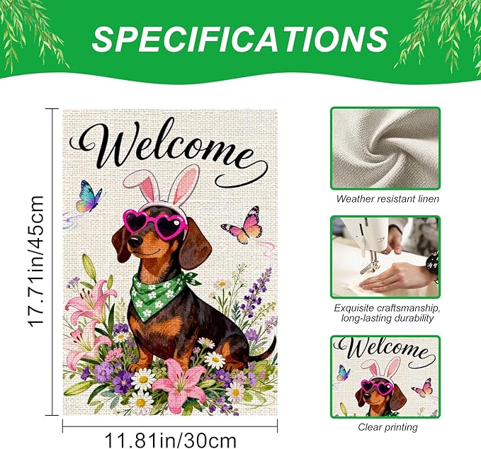 IVN Spring Dachshund Garden Flag 12x18 Welcome Dog Bunny Ears Heart Sunglasses Floral Wildflowers Spring Butterflies Watercolor Double Sided Burlap Yard House Flag Seasonal Outdoor Decoration for Outside Home Front Door Lawn Porch Patio Welcome Summer ...