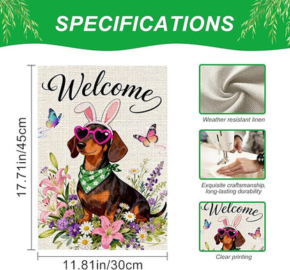 IVN Spring Dachshund Garden Flag 12x18 Welcome Dog Bunny Ears Heart Sunglasses Floral Wildflowers Spring Butterflies Watercolor Double Sided Burlap Yard House Flag Seasonal Outdoor Decoration for Outside Home Front Door Lawn Porch Patio Welcome Summer ...