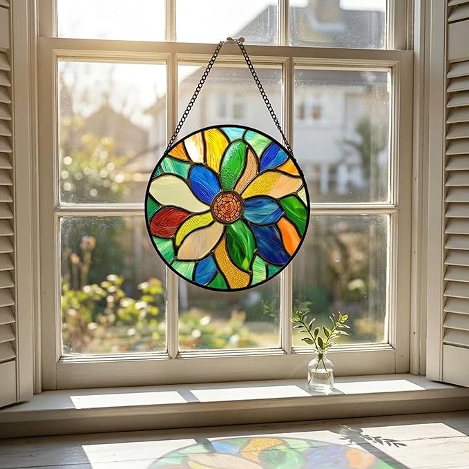 Stained Glass Window Hanging Colorful Flowers Large 11.8" - Abstract Suncatcher Door Terrace Garden Sun Catcher Home Decor Birthday Christmas for Mom Men Woman Nana Wife