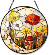 Stained Glass Sun Catcher Window Hanging - Mushroom Flower Plant Design, Well Made Indoor Home Decor for Mother's Day, Birthday, Christmas - Ideal for Women, Mom (Yellow) 7.8in