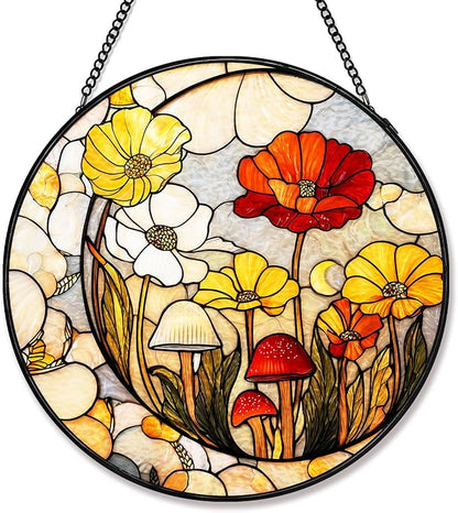 Stained Glass Sun Catcher Window Hanging - Mushroom Flower Plant Design, Well Made Indoor Home Decor for Mother's Day, Birthday, Christmas - Ideal for Women, Mom (Yellow) 7.8in