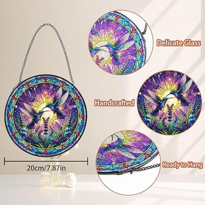 Hummingbird Stained Glass Suncatcher, 8" Round Bird Window Hanging with Metal Chain, Lavender Floral Decorative Glass Art for Home Garden, Memory Gift for Mom Grandma