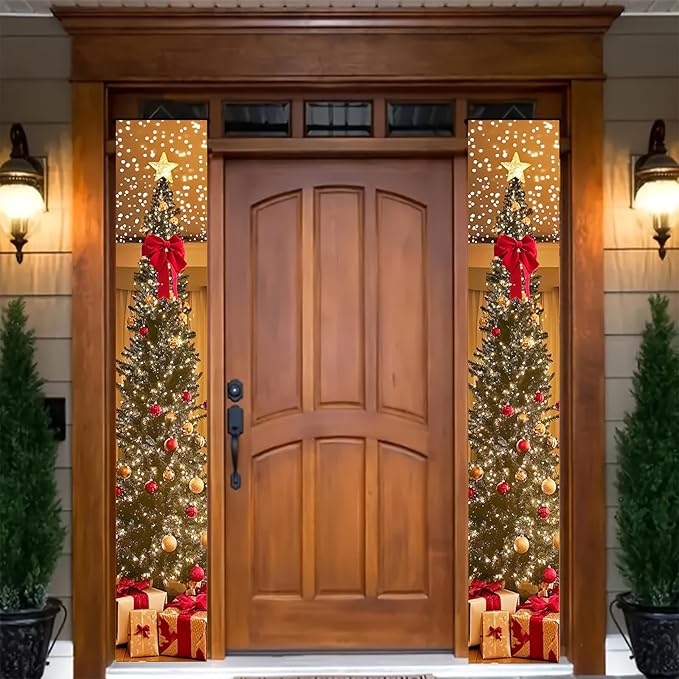 BlissYard Christmas Tree Long Vertical Banner Outdoor Front Porch Hanging Decor 12x71 Inch Xmas Tree Sparkling Ornaments Lights Star Festive Indoor Outdoor Xmas Decor Wall Front Door Yard Garage