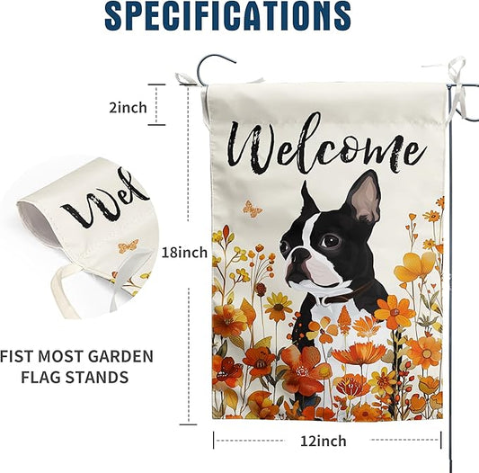 Floral Boston Terrier Garden Flag Fall Yard Flag Wildflower Dog Garden Flags Orange Autumn Lawn Flags Welcome Thanksgiving Outdoor Flags for Outside 12x18 Double Sided Small
