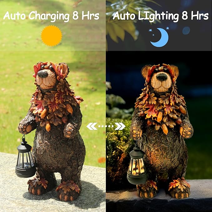 YMXYJM Solar Garden Statue Bear Figurine, Garden Art Outdoor Statues with Solar Lantern, Loving Bear for Patio, Balcony, Yard, Lawn, Unique Housewarming Gifts