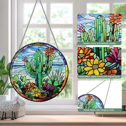 Cactus Stained Glass Window Hanging Suncatcher with Chain - 7.9" Arizona Outdoor/Indoor Art Decor for Home Garden, Thanksgiving, Wedding, Mother's, Valentine's & Christmas Ornaments Present
